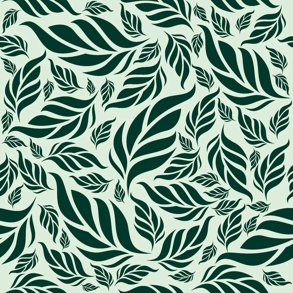 A deep green wall covering featuring a densely packed tropical foliage design - Verdant Cascade