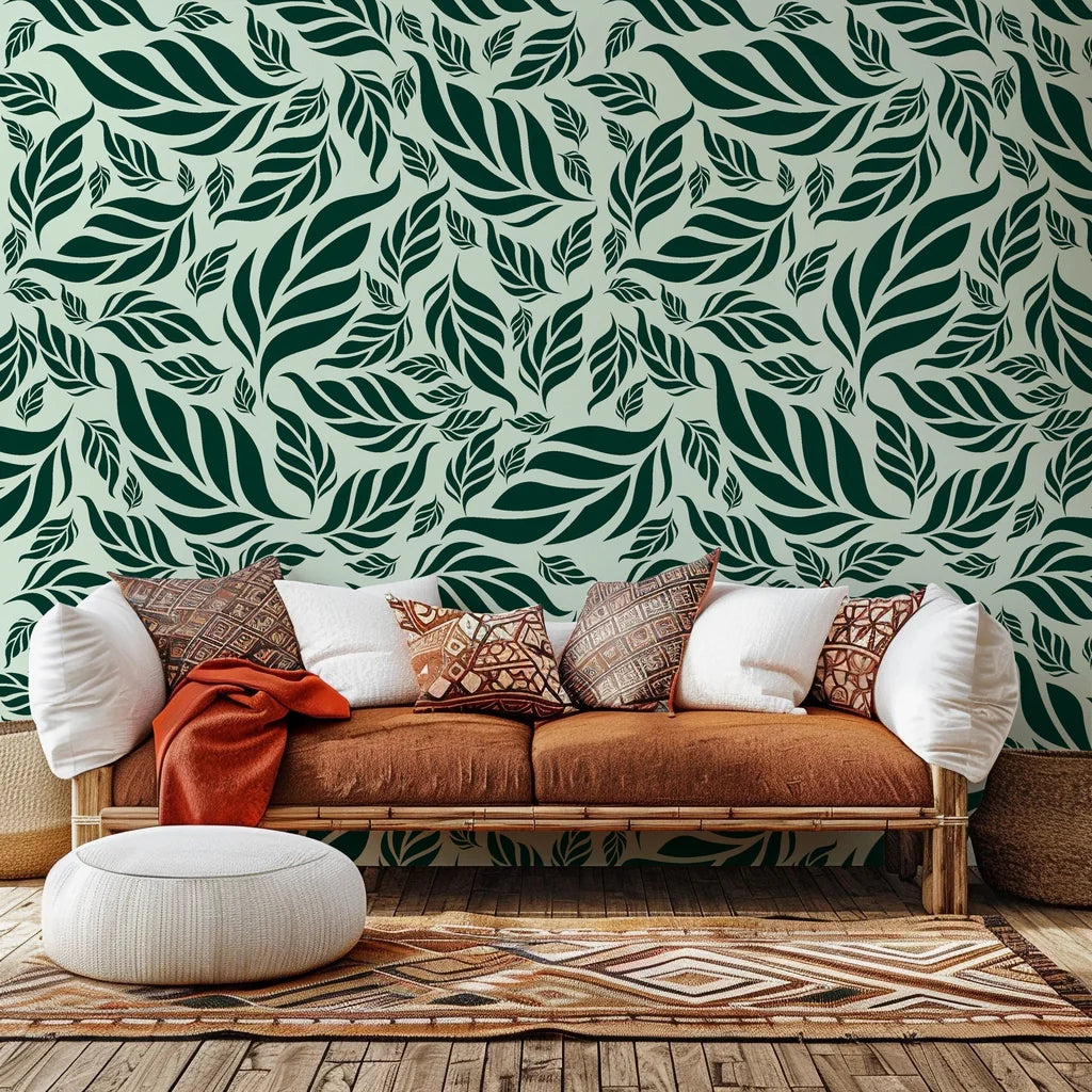 Dark green wallpaper showcasing a thick, botanical pattern of closely packed tropical leaves
