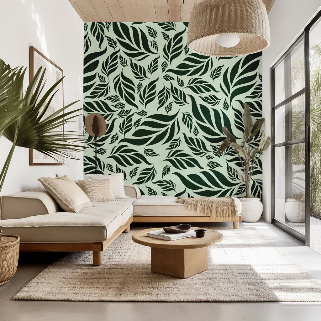The Verdant Cascade wall covering, a deep emerald botanical paper showing a thick tropical leaf design