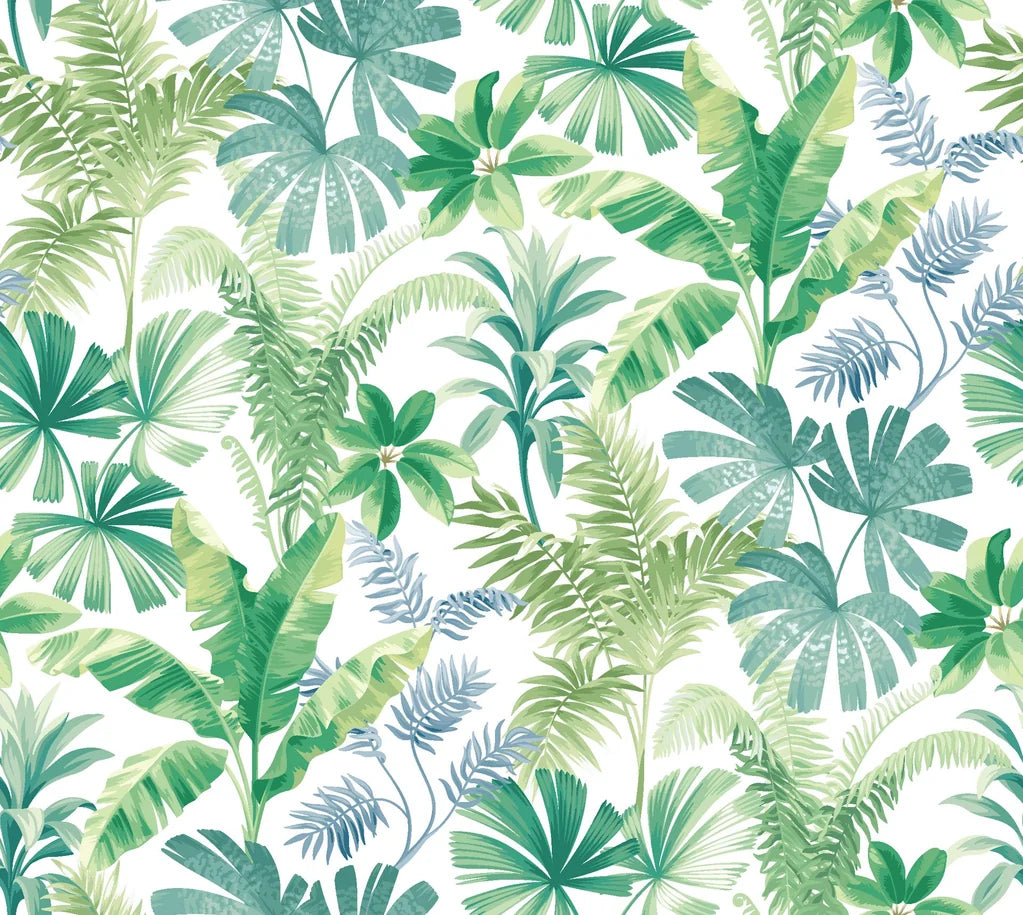 Self-adhesive green leaf botanical wallpaper with a watercolor effect on white