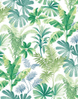 Self-adhesive green leaf botanical wallpaper with a watercolor effect on white