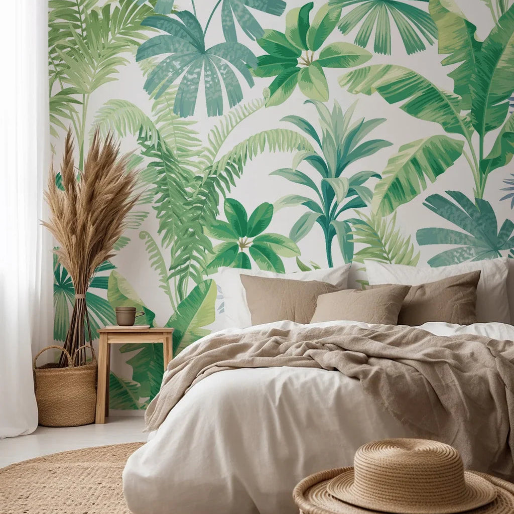 Soft green botanical leaves hand-painted in watercolor on a white self-adhesive wallpaper background.