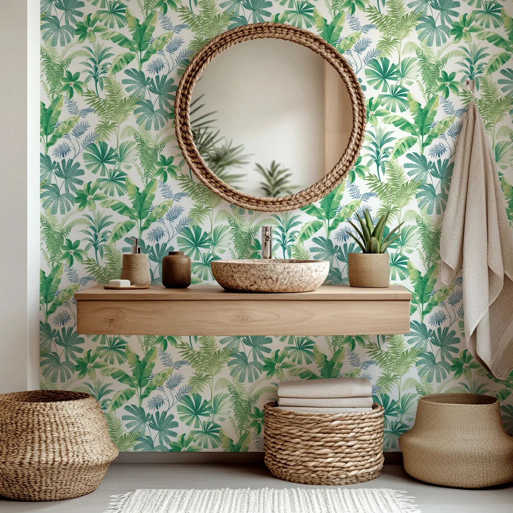 Removable botanical wallpaper featuring watercolor green and white leaf patterns