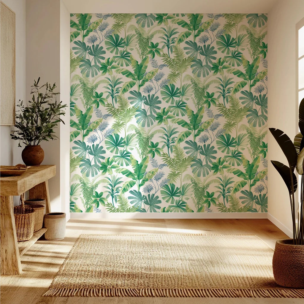 Green and white watercolor botanical leaf removable wallpaper for home decor