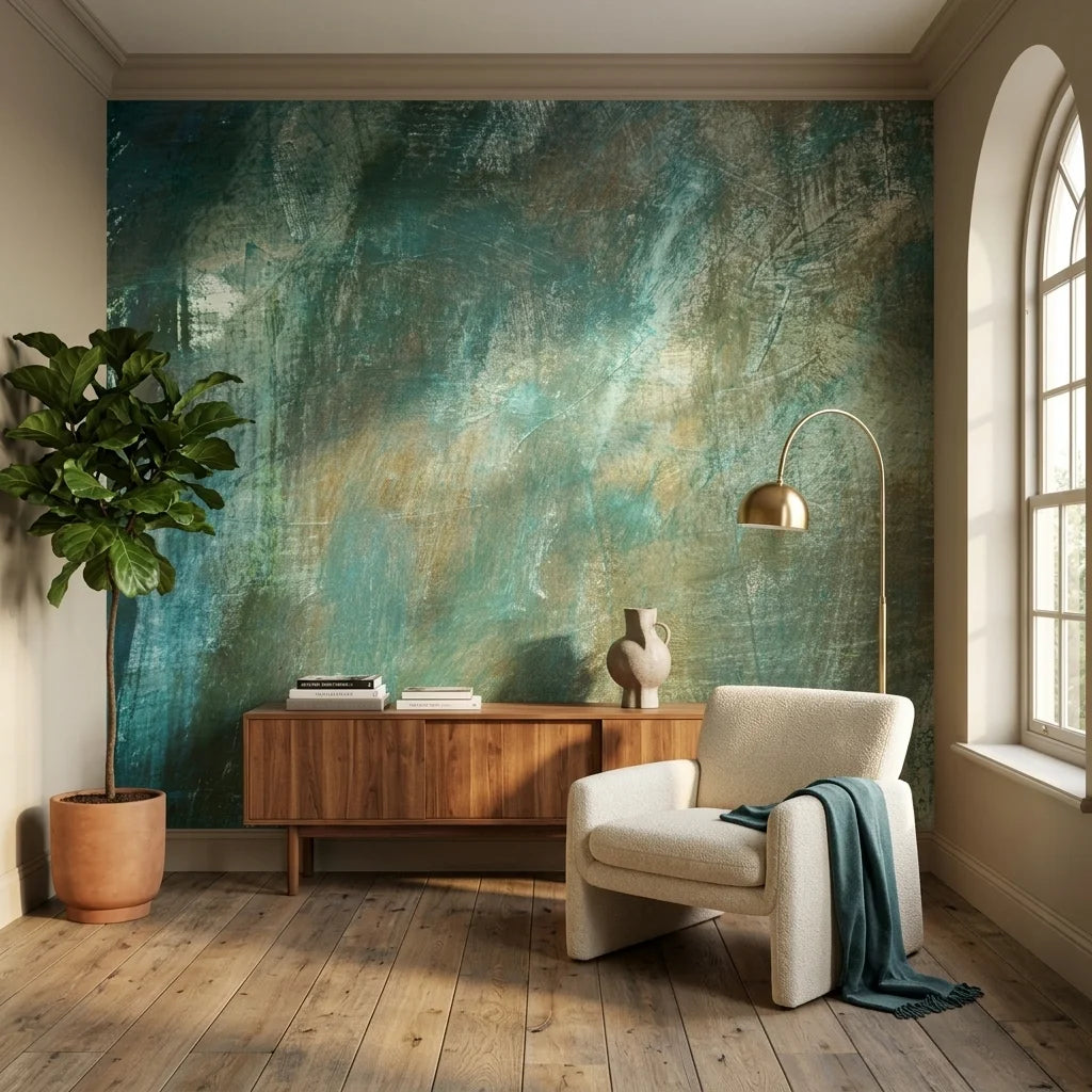 Textured teal and bronze patina abstract brushstroke peel and stick wallpaper - Verdigris