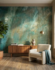 Textured teal and bronze patina abstract brushstroke peel and stick wallpaper - Verdigris