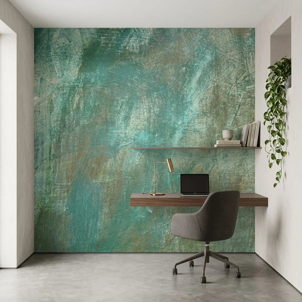 Verdigris elegant teal patina abstract wallpaper in a warm and inviting living room