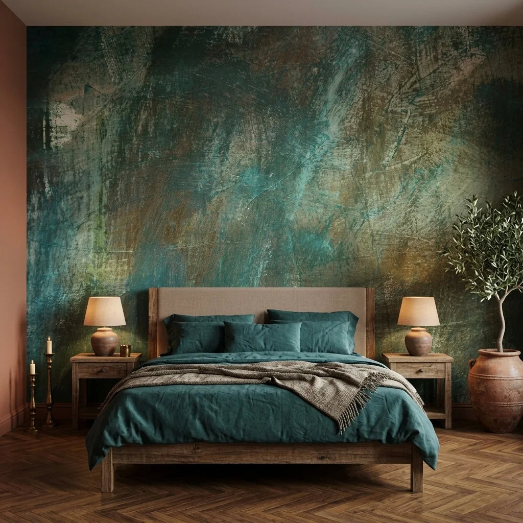 Verdigris elegant teal patina abstract wallpaper adding character to a cozy bedroom