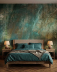 Verdigris elegant teal patina abstract wallpaper adding character to a cozy bedroom