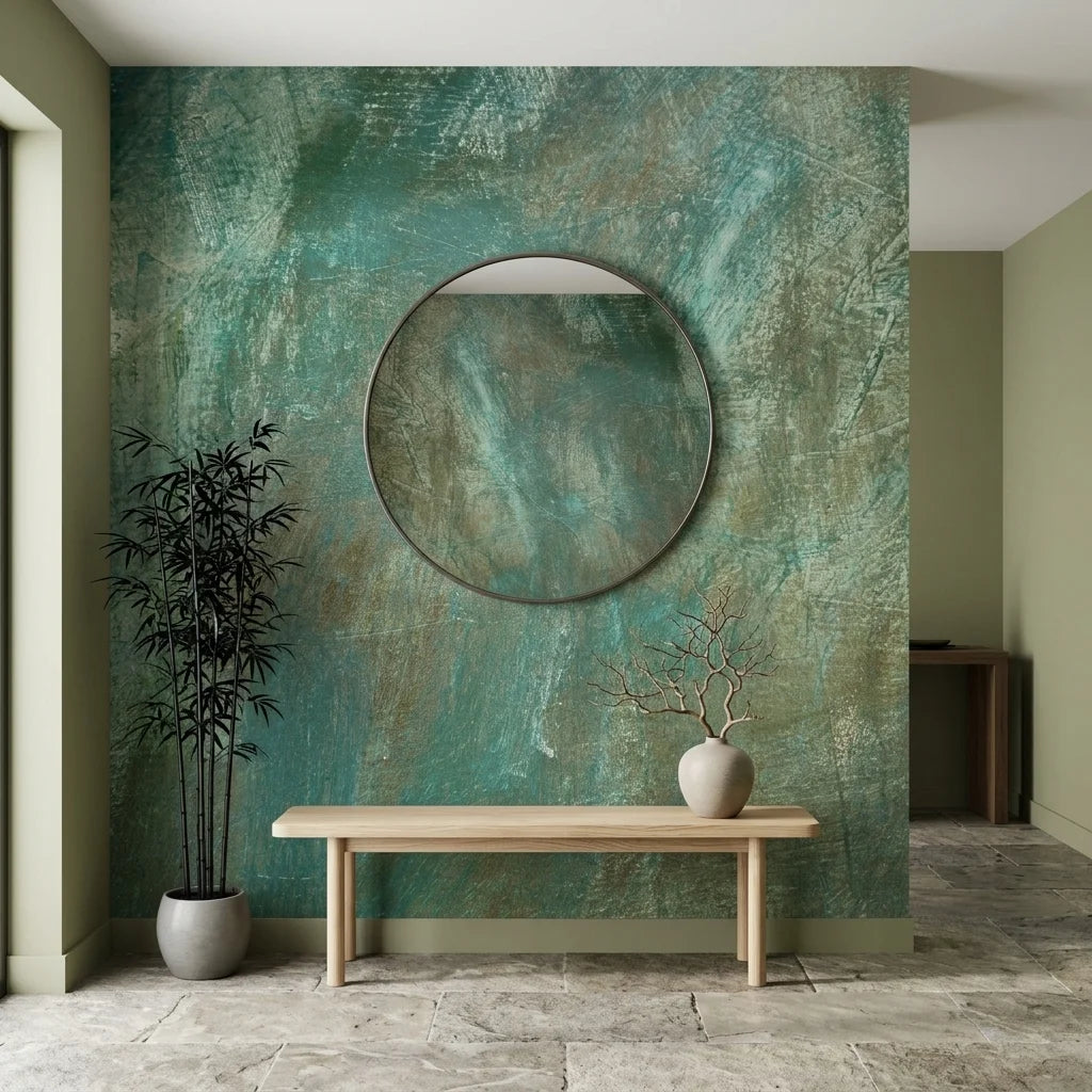 Verdigris elegant teal patina abstract wallpaper as a feature wall in a bright home office