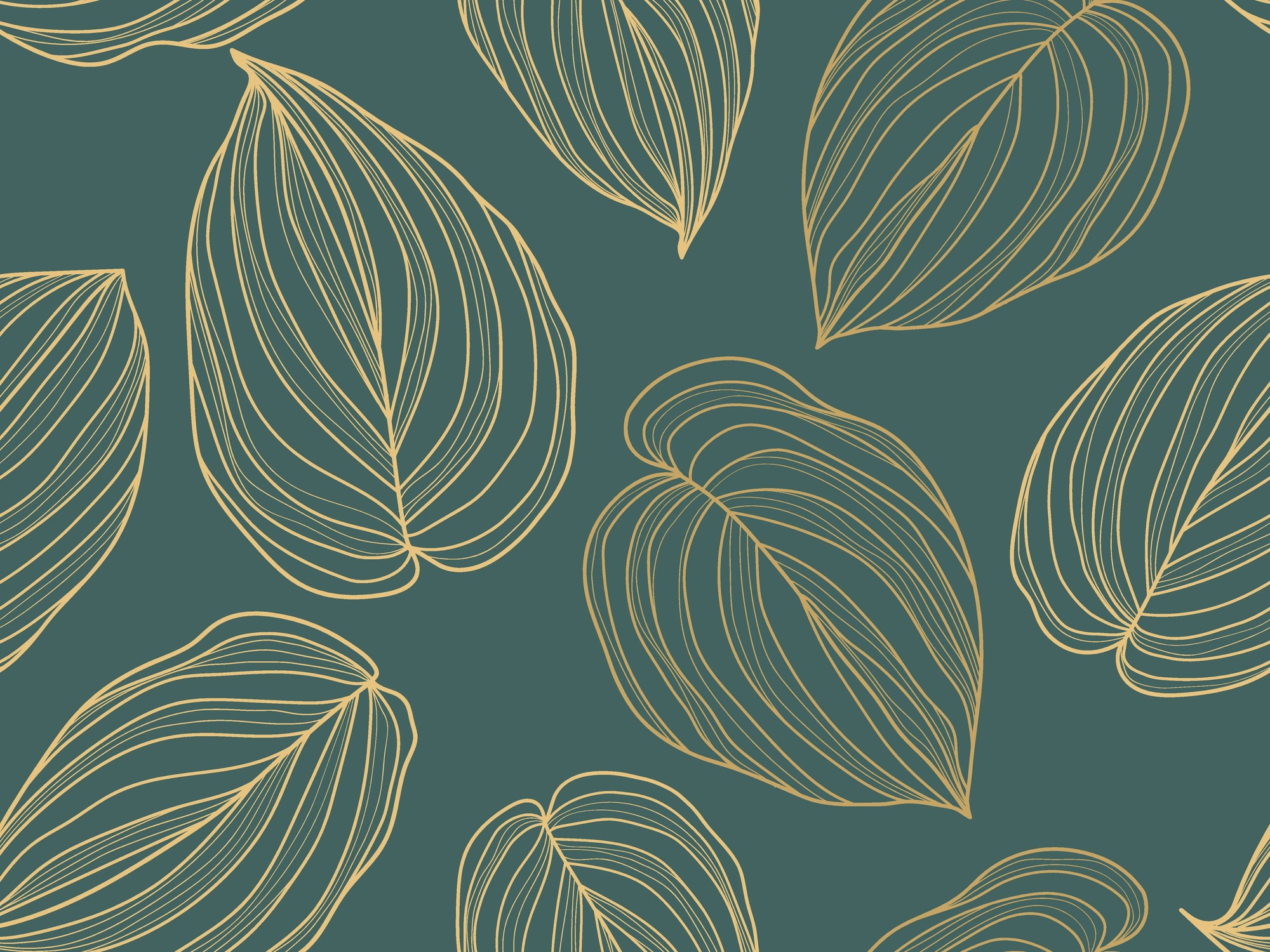 Matte peel and stick wallpaper with gold line art leaves - Verdigris Leaf