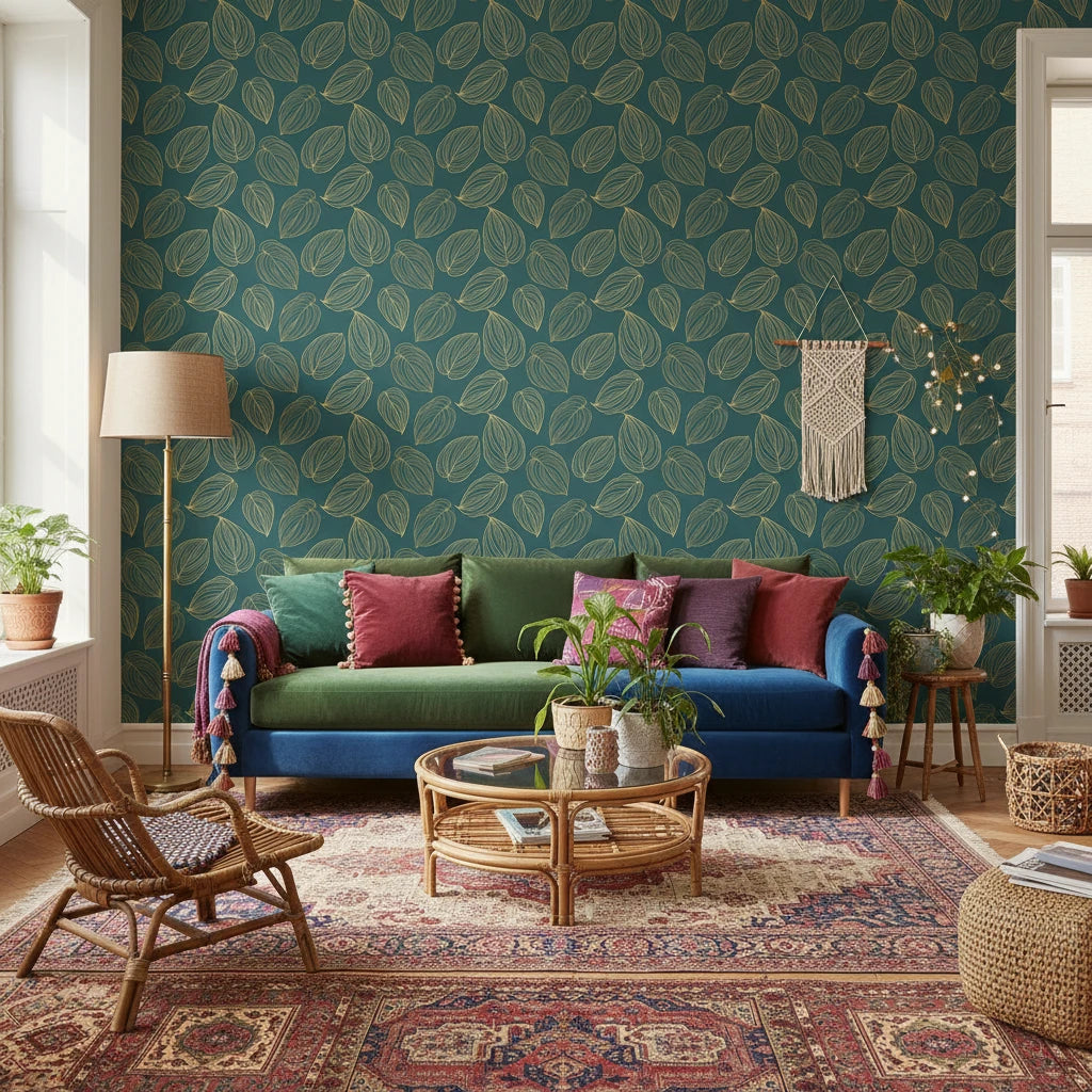 Verdigris Leaf elegant gold and teal leaf wallpaper in a warm and inviting living room