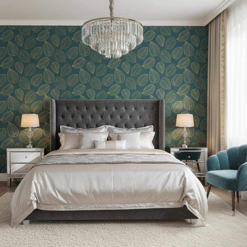 Verdigris Leaf elegant gold and teal leaf wallpaper adding character to a cozy bedroom