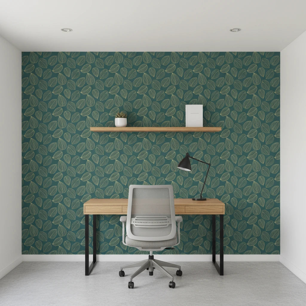 Verdigris Leaf elegant gold and teal leaf wallpaper as a feature wall in a bright home office