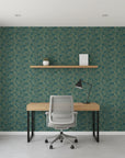 Verdigris Leaf elegant gold and teal leaf wallpaper as a feature wall in a bright home office