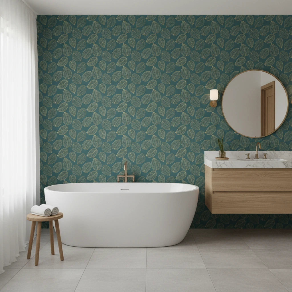 Verdigris Leaf elegant gold and teal leaf wallpaper creating ambiance in a serene bathroom