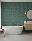 Verdigris Leaf elegant gold and teal leaf wallpaper creating ambiance in a serene bathroom