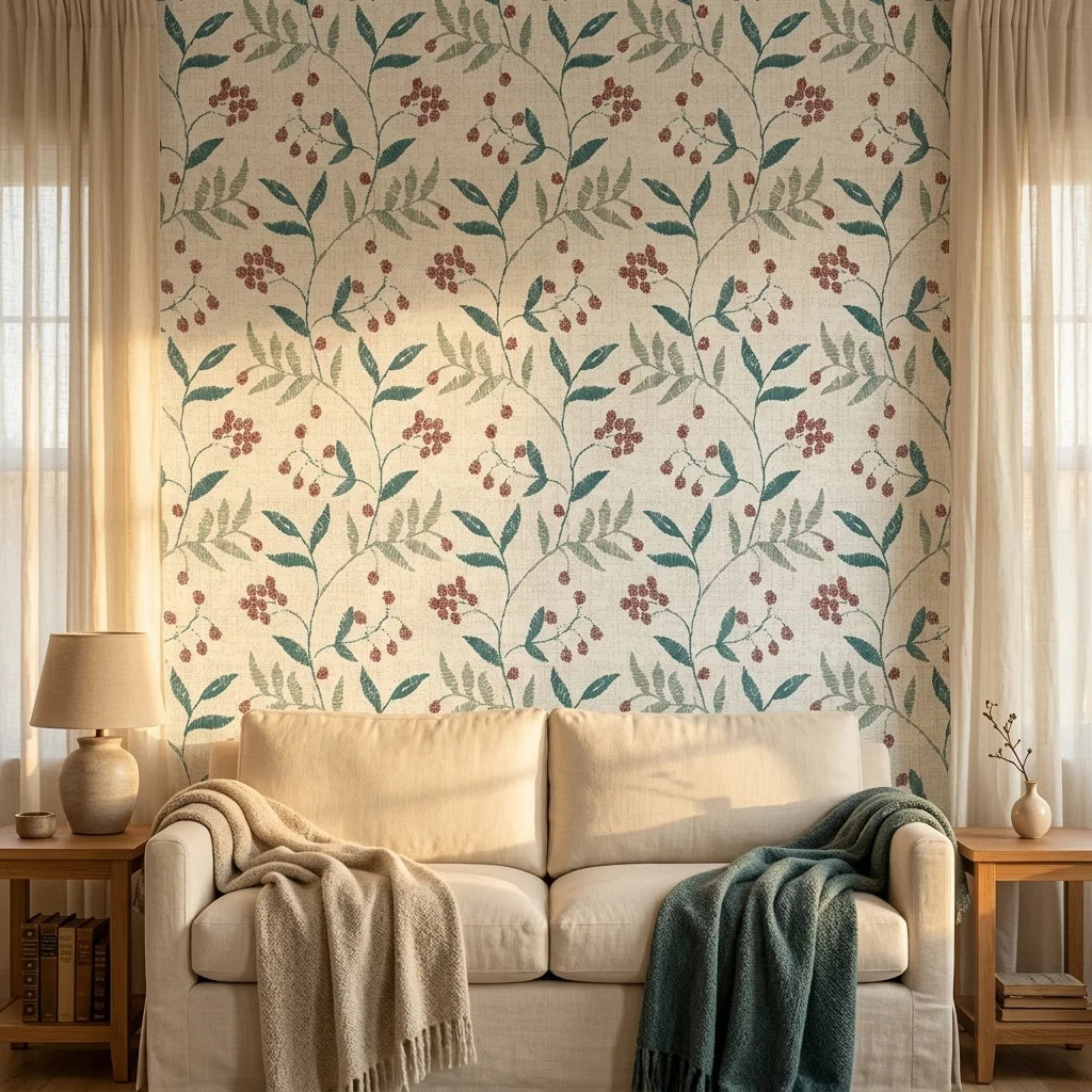 Vermillion Stem teal and red botanical wallpaper in a warm and inviting living room