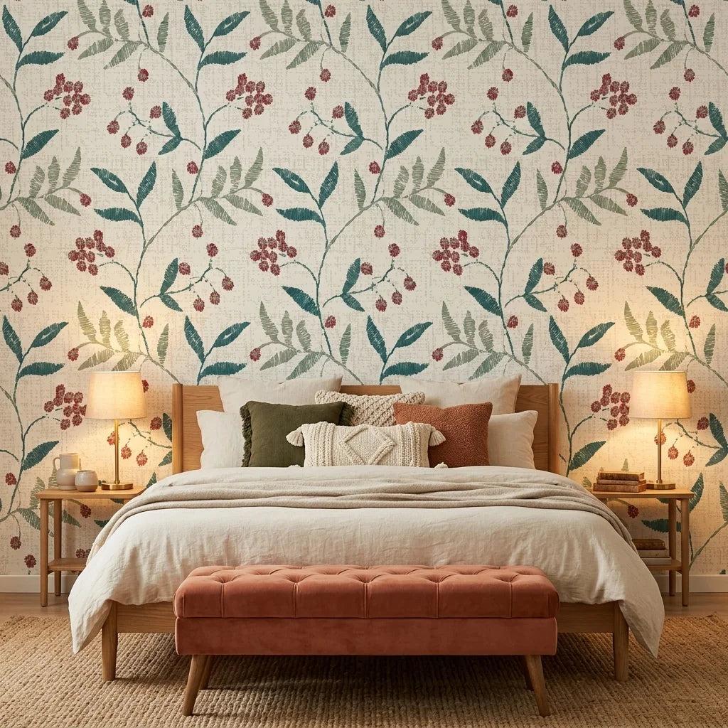 Vermillion Stem teal and red botanical wallpaper adding character to a cozy bedroom