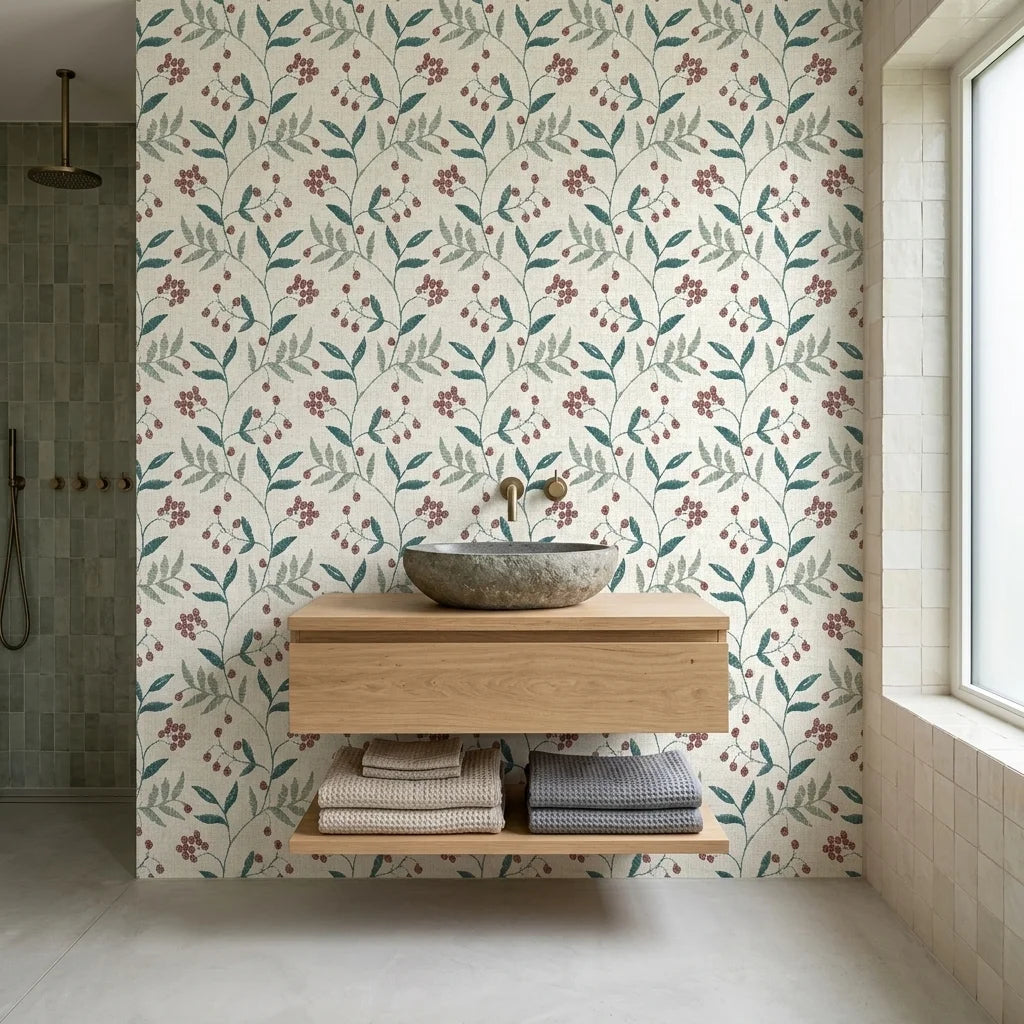 Vermillion Stem teal and red botanical wallpaper creating ambiance in a serene bathroom