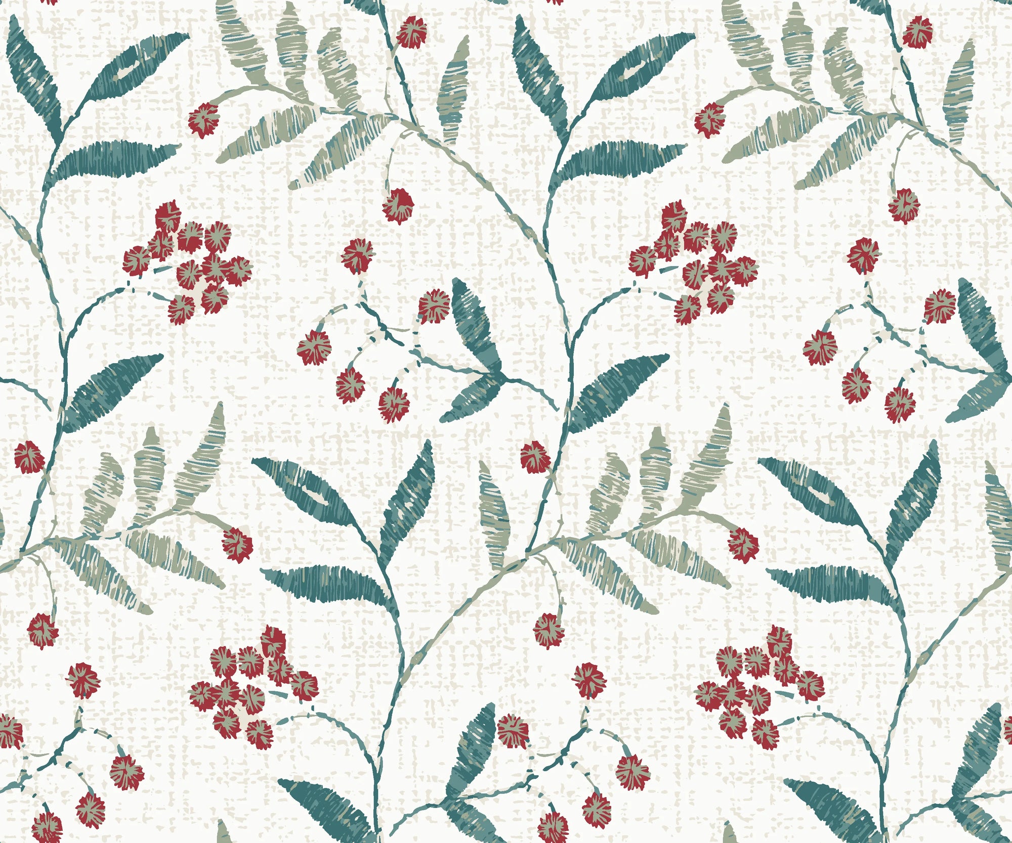 Vermillion Stem teal and red botanical wallpaper