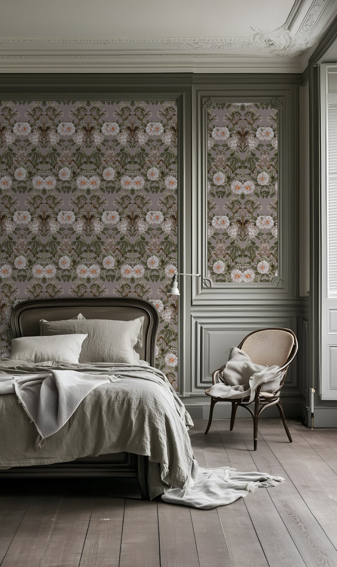 Victorian Bloom wallpaper close up showing vintage floral details and botanical texture