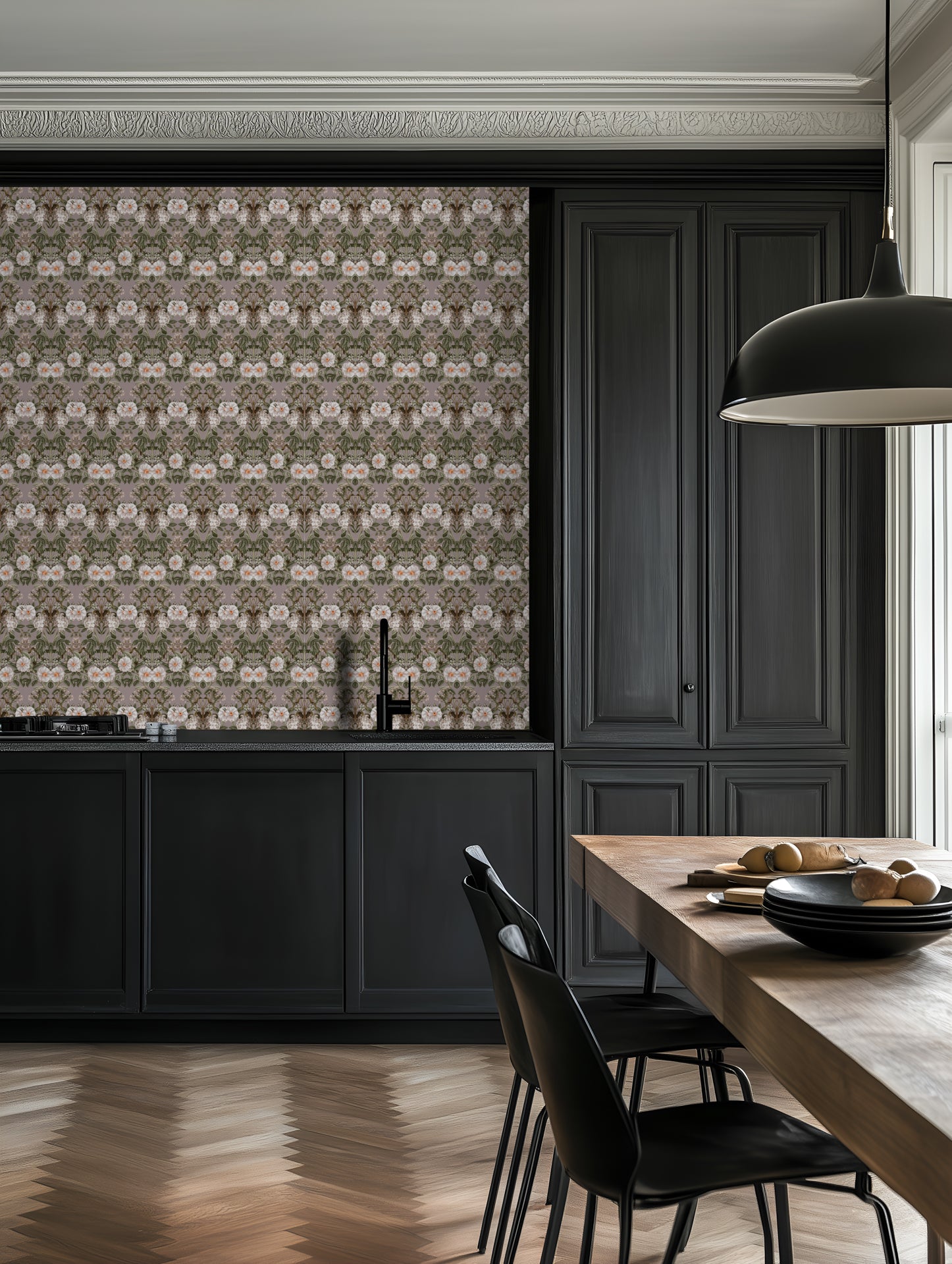 Victorian Bloom floral wallpaper pattern detail with classic garden inspired blooms for statement walls