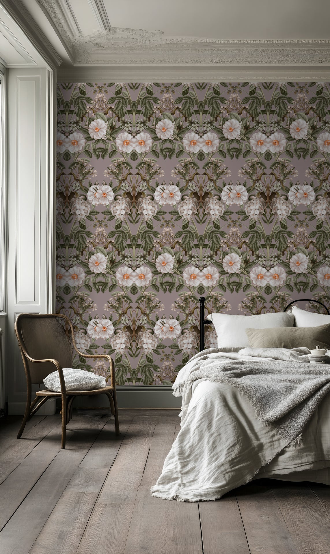 Victorian Bloom custom wallpaper image showing seamless vintage floral botanical design on wall