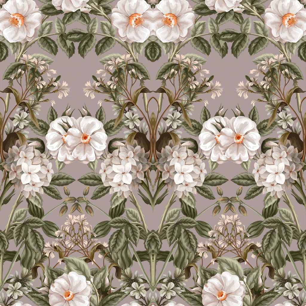 A custom wallcovering featuring an antique-style botanical flower pattern in Victorian style
