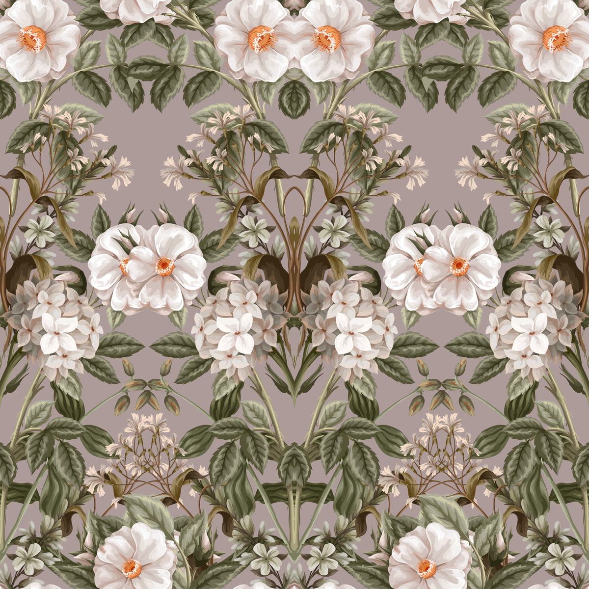 A custom wallcovering featuring an antique-style botanical flower pattern in Victorian style
