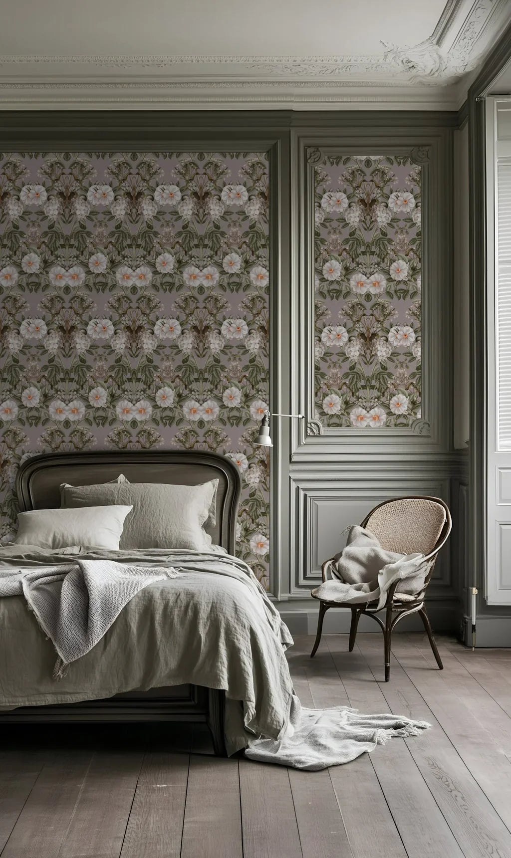 Macro shot of the Bloom wallpaper, revealing the botanical texture and intricate vintage flower details