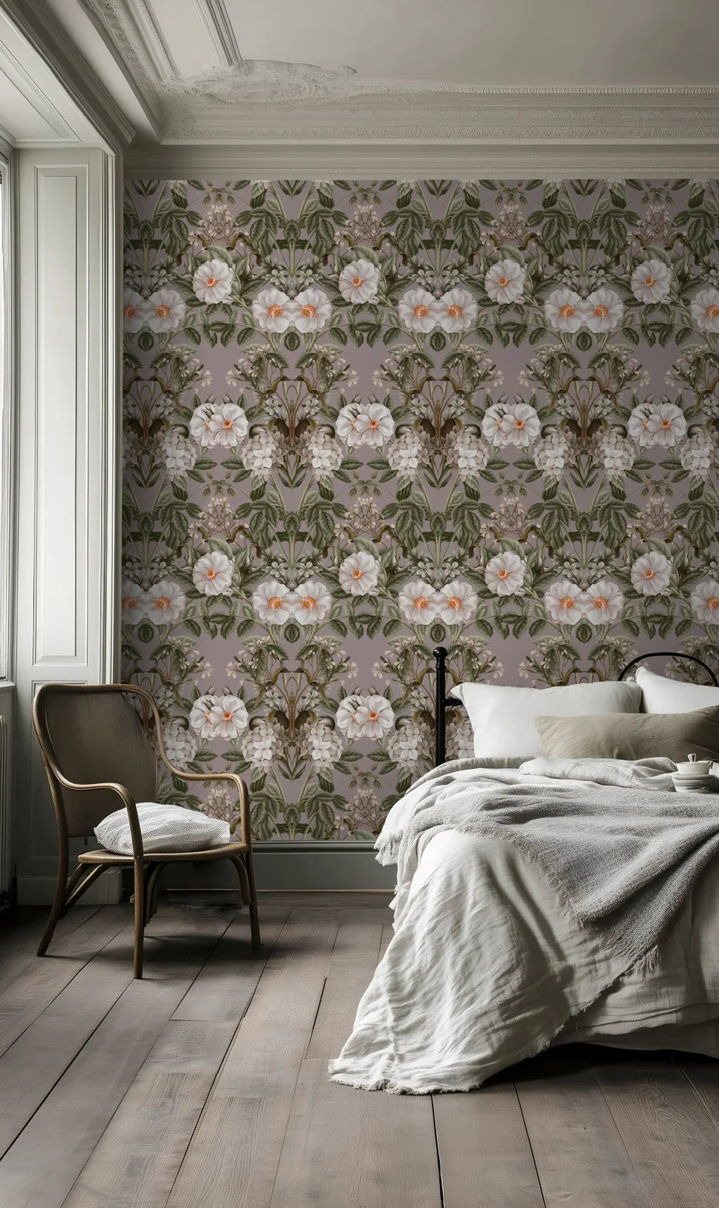 Vintage botanical floral wallpaper design (Victorian Bloom) on a wall, presented as a continuous custom print