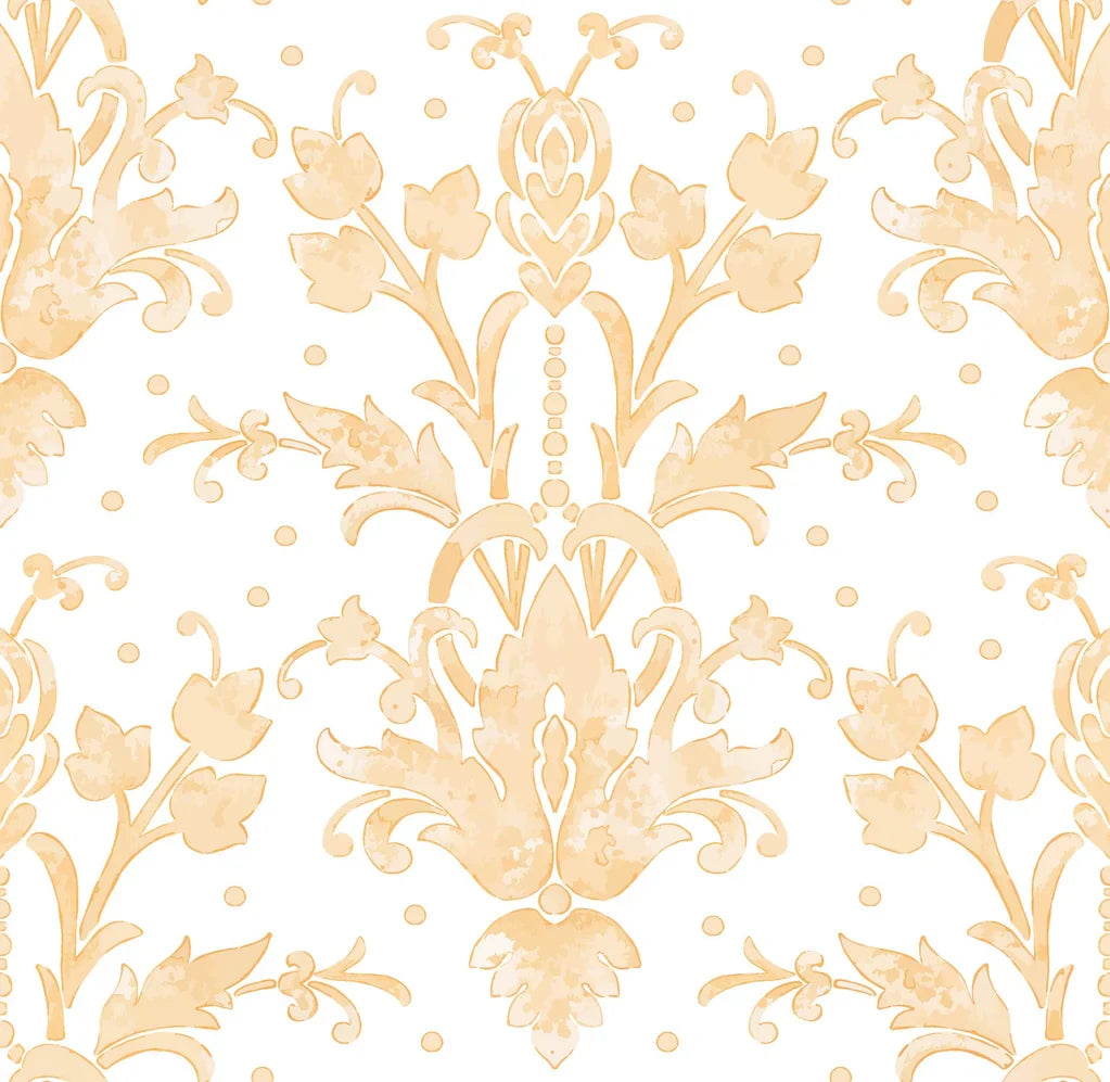 Elegant Victorian Petal Dream wallpaper with soft peach damask flourishes on white background