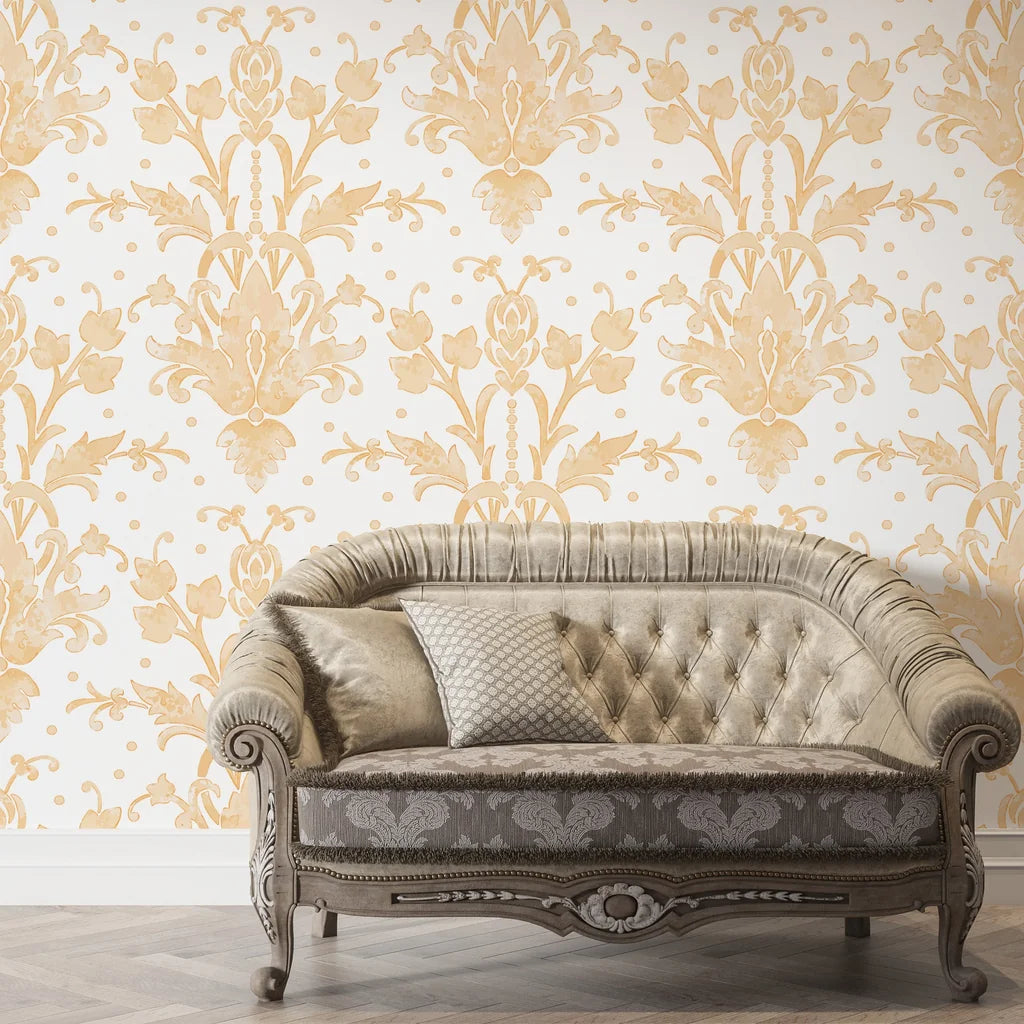 Victorian Petal Dream removable wallpaper on living room accent wall with vintage tufted sofa
