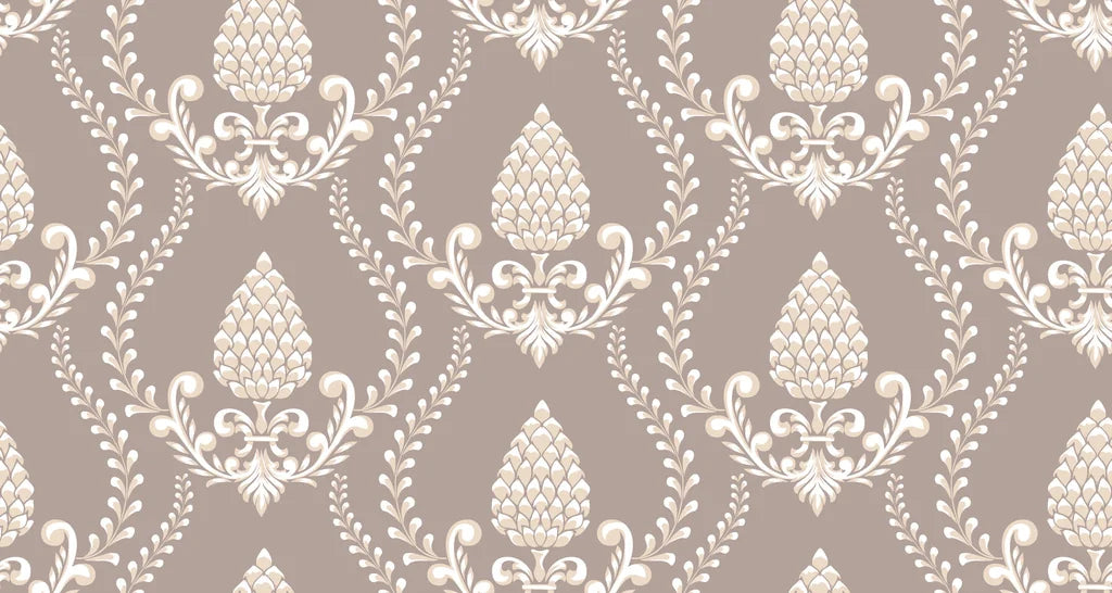 Elegant Victorian Vineage wallpaper featuring taupe background with cream damask motifs and textured pinecone details