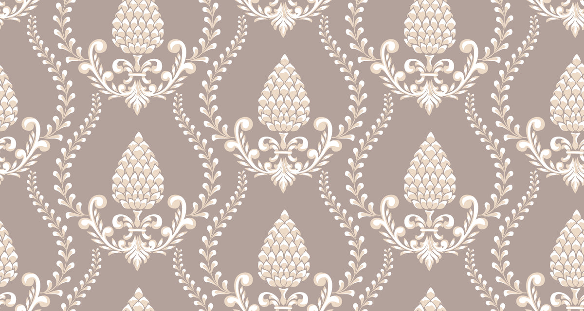 Elegant Victorian Vineage wallpaper featuring taupe background with cream damask motifs and textured pinecone details