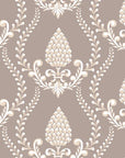 Elegant Victorian Vineage wallpaper featuring taupe background with cream damask motifs and textured pinecone details