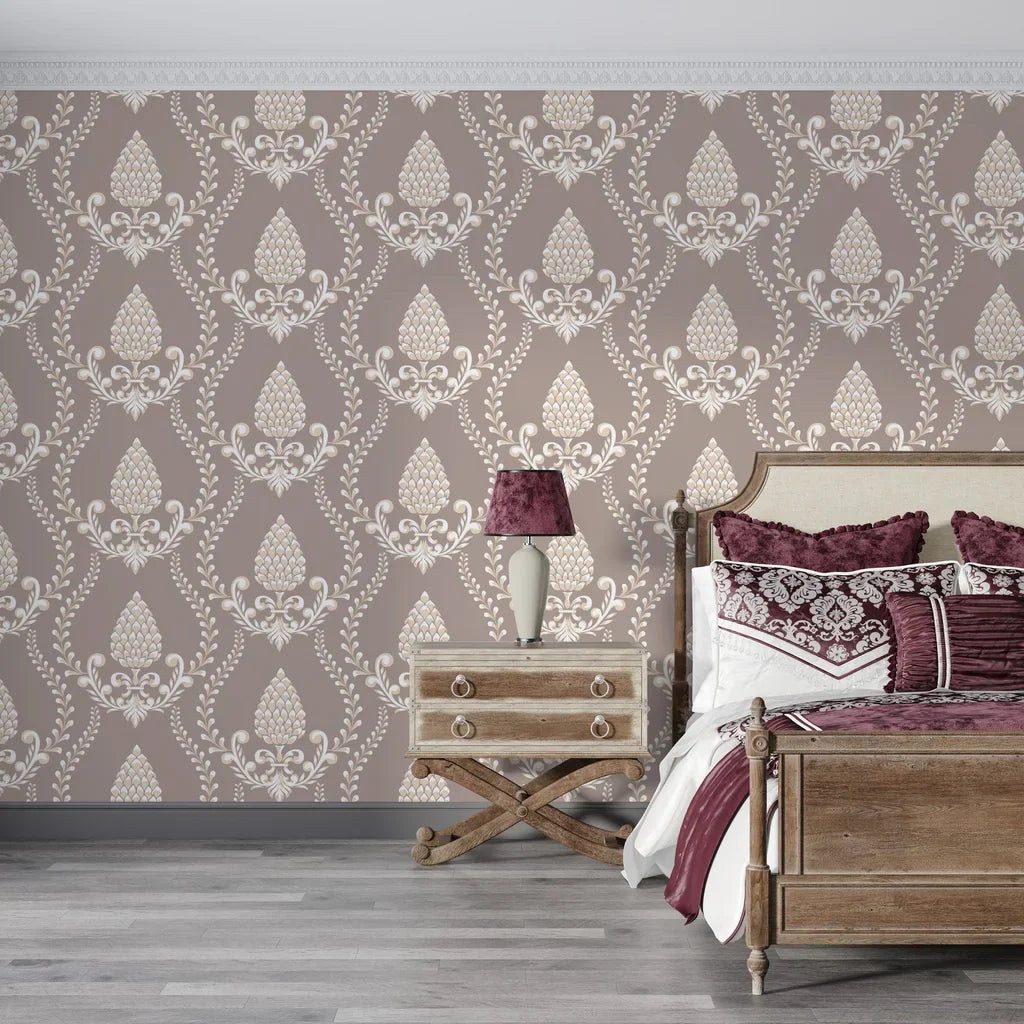 Taupe and cream Victorian Vineage damask wallpaper with pineapple motifs in elegant bedroom setting