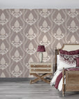 Taupe and cream Victorian Vineage damask wallpaper with pineapple motifs in elegant bedroom setting