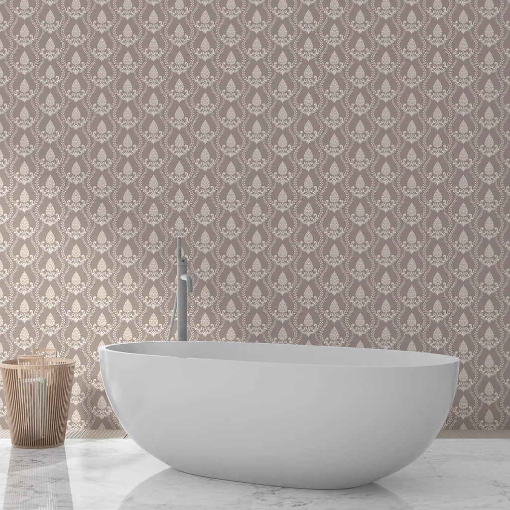 Taupe and cream Victorian Vineage damask wallpaper behind freestanding bathtub in modern bathroom