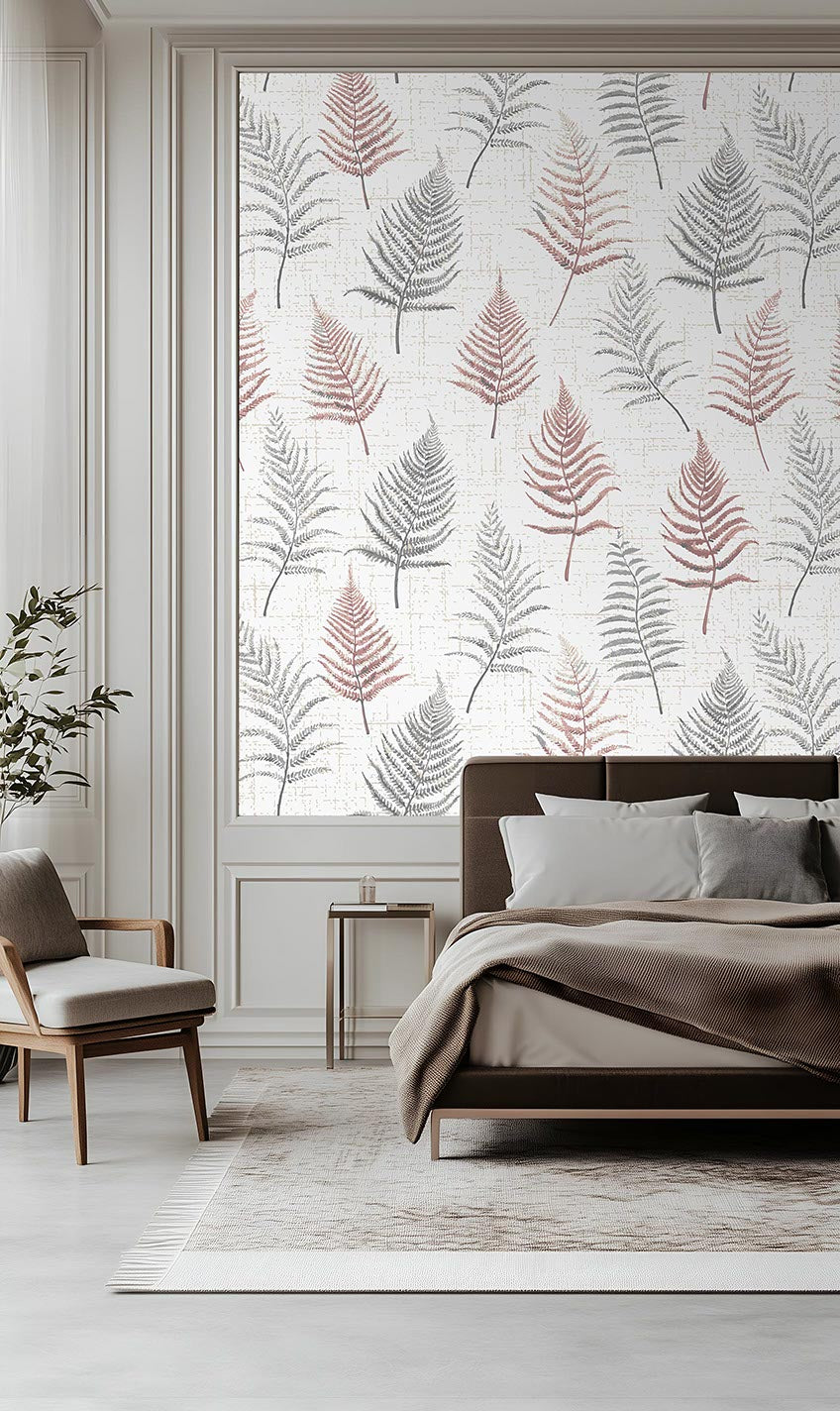 Vintage Ferns custom wallpaper shown on wall with seamless fern leaf design for home and office