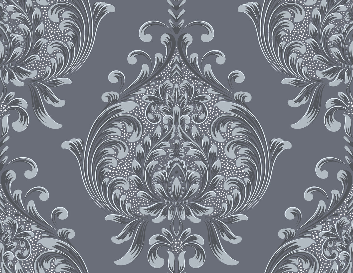 Elegant silver damask scrollwork on charcoal gray Vintage Eden peel and stick wallpaper with ornate baroque details