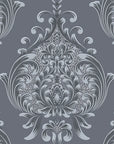 Elegant silver damask scrollwork on charcoal gray Vintage Eden peel and stick wallpaper with ornate baroque details