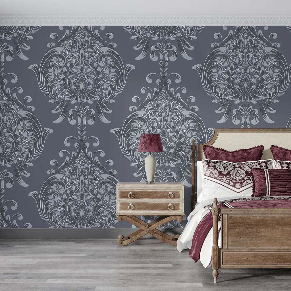 Gray and silver damask Vintage Eden wallpaper on bedroom accent wall with ornate floral medallions