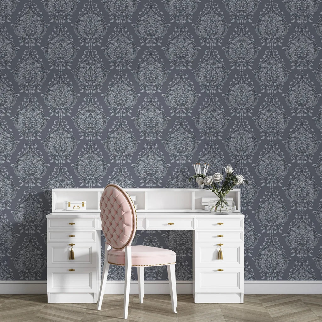 Charcoal and silver Vintage Eden damask wallpaper in elegant vanity room setting with white furniture