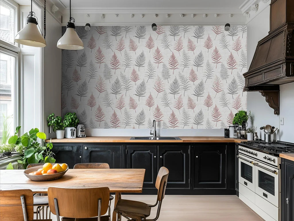 Aged-look wall covering with a detailed pattern of fern foliage; the color scheme is entirely neutral