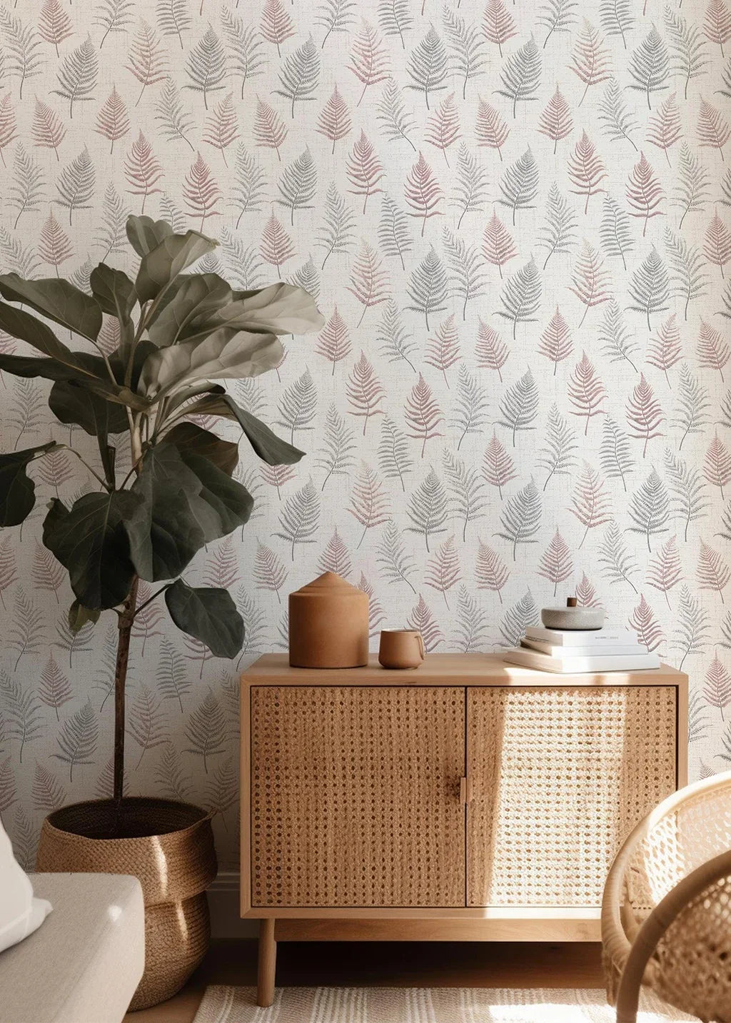 Retro wallpaper detail featuring an overlapping design of aged fern leaves, perfect for decorative accent walls
