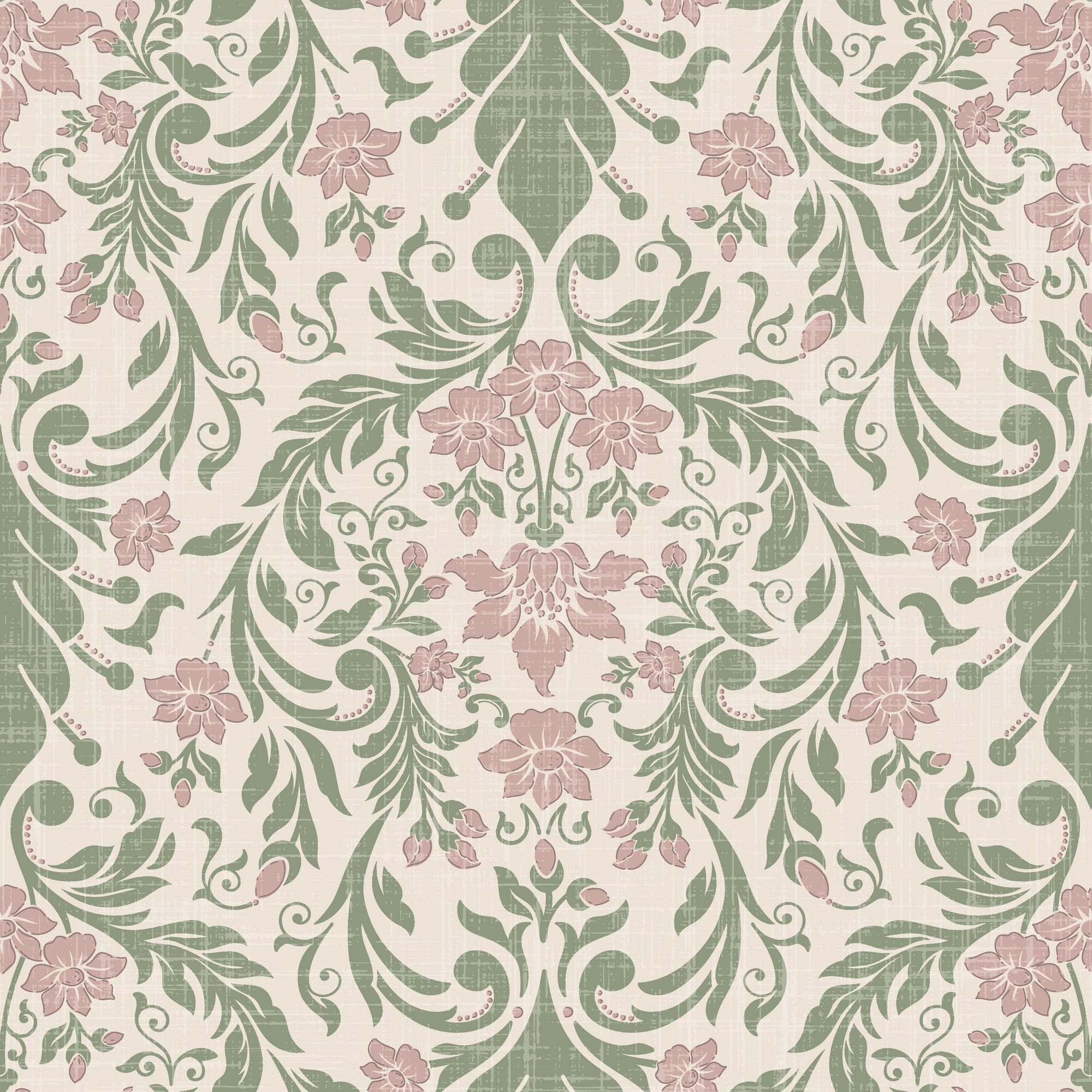 Linen-like peel and stick wallpaper with sage rose damask - Vintage Rose Weave