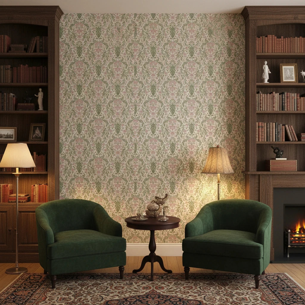 Vintage Rose Weave sage green and pink damask wallpaper in a warm and inviting living room