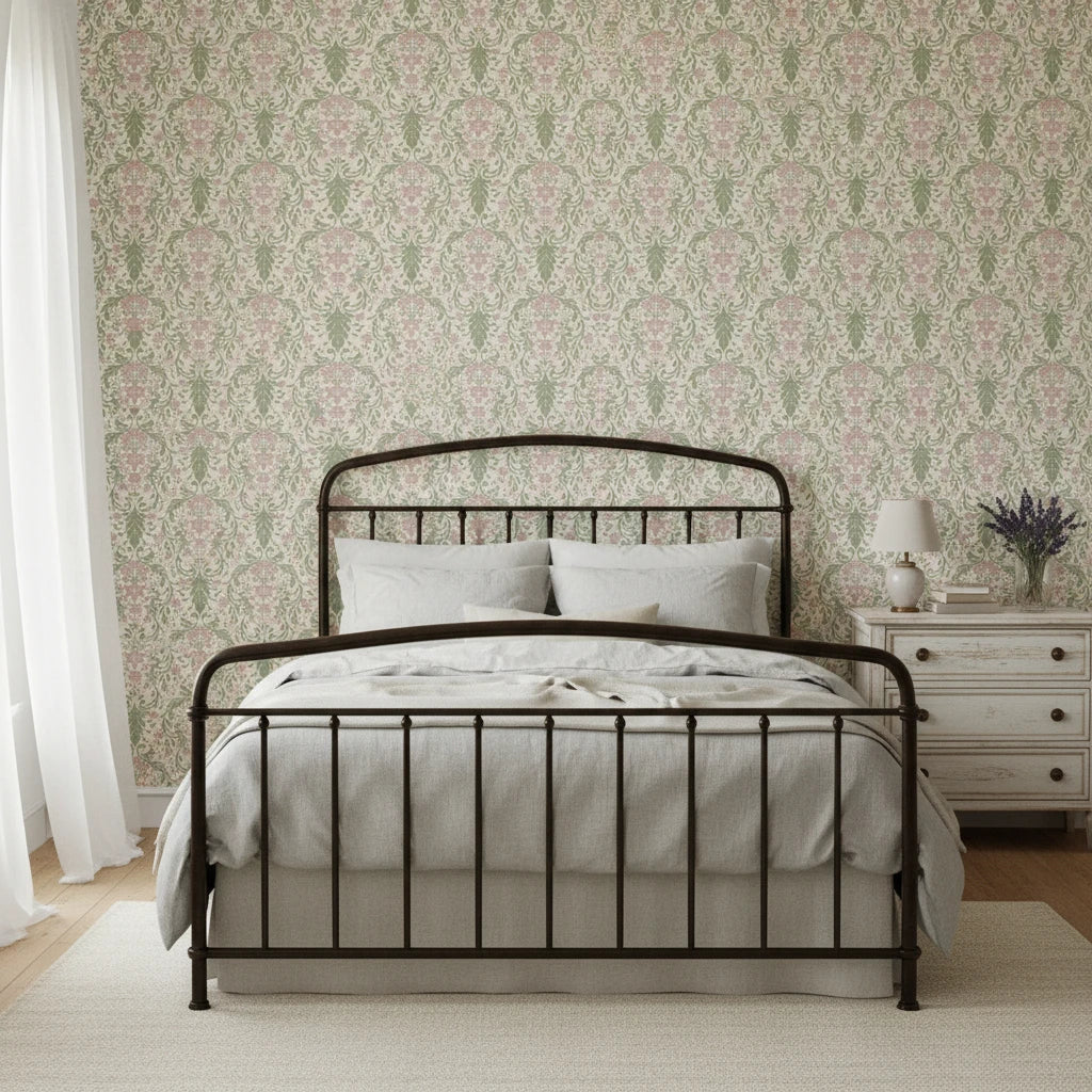 Vintage Rose Weave sage green and pink damask wallpaper adding character to a cozy bedroom